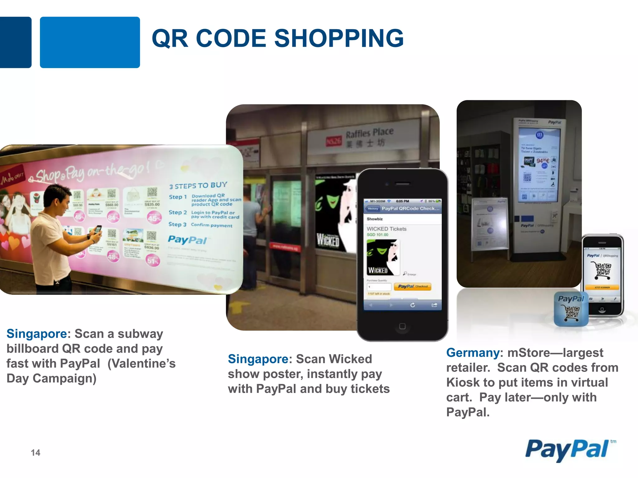QR CODE SHOPPING




Singapore: Scan a subway
billboard QR code and pay                                     Germany: mStore—largest
fast with PayPal (Valentine’s   Singapore: Scan Wicked
                                                              retailer. Scan QR codes from
Day Campaign)                   show poster, instantly pay
                                                              Kiosk to put items in virtual
                                with PayPal and buy tickets
                                                              cart. Pay later—only with
                                                              PayPal.


    14
 