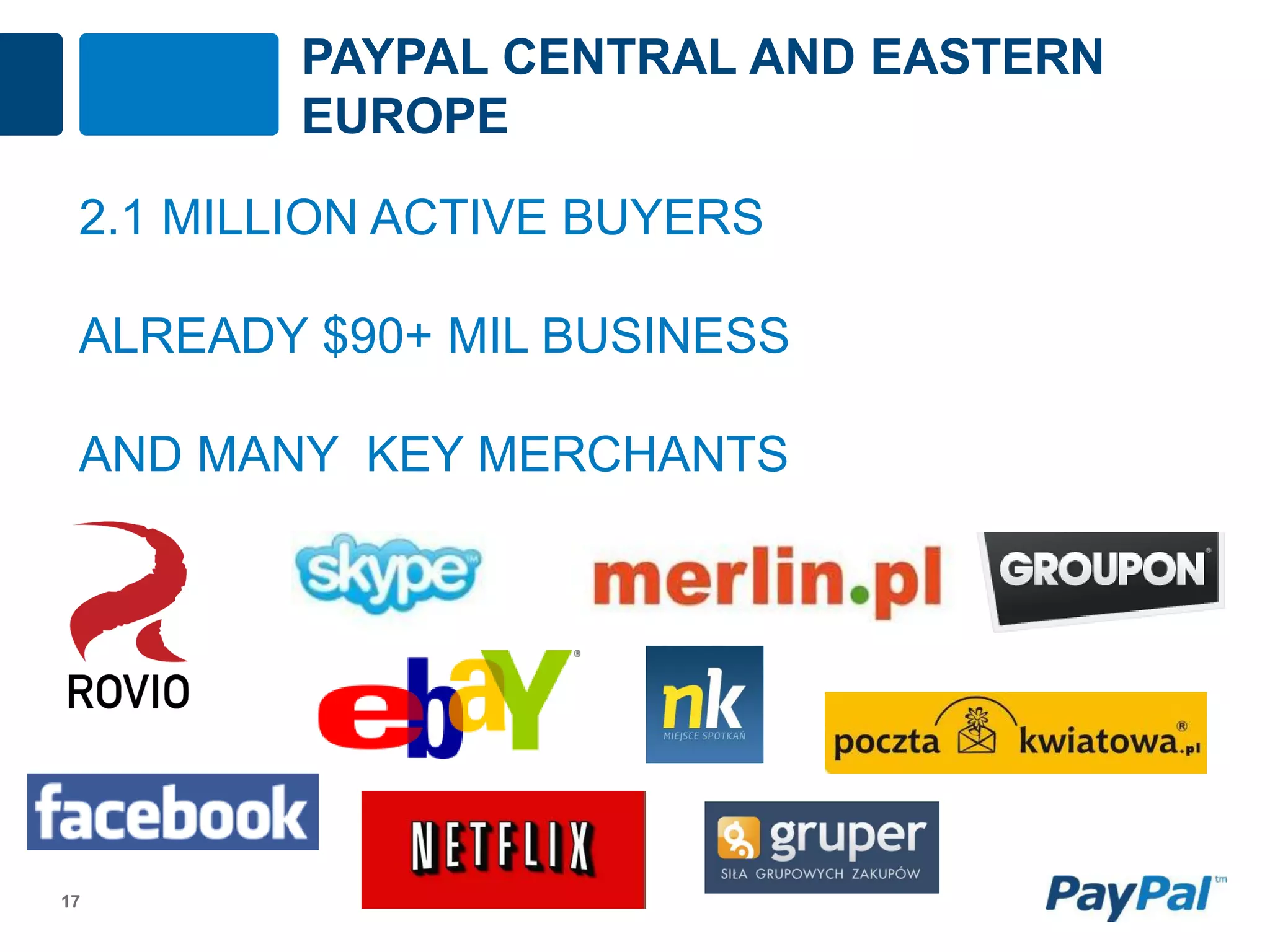 PAYPAL CENTRAL AND EASTERN
         EUROPE

 2.1 MILLION ACTIVE BUYERS

 ALREADY $90+ MIL BUSINESS

 AND MANY KEY MERCHANTS




17
 