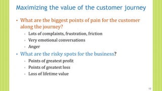 • What are the biggest points of pain for the customer
along the journey?
◦ Lots of complaints, frustration, friction
◦ Very emotional conversations
◦ Anger
• What are the risky spots for the business?
◦ Points of greatest profit
◦ Points of greatest loss
◦ Loss of lifetime value
10
Maximizing the value of the customer journey
 