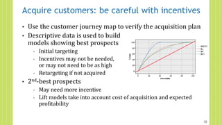 Acquire customers: be careful with incentives
• Use the customer journey map to verify the acquisition plan
• Descriptive data is used to build
models showing best prospects
◦ Initial targeting
◦ Incentives may not be needed,
or may not need to be as high
◦ Retargeting if not acquired
• 2nd-best prospects
◦ May need more incentive
◦ Lift models take into account cost of acquisition and expected
profitability
18
 