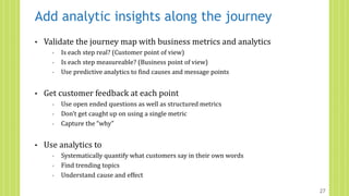 Add analytic insights along the journey
• Validate the journey map with business metrics and analytics
◦ Is each step real? (Customer point of view)
◦ Is each step measureable? (Business point of view)
◦ Use predictive analytics to find causes and message points
• Get customer feedback at each point
◦ Use open ended questions as well as structured metrics
◦ Don’t get caught up on using a single metric
◦ Capture the “why”
• Use analytics to
◦ Systematically quantify what customers say in their own words
◦ Find trending topics
◦ Understand cause and effect
27
 