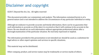 Disclaimer and copyright
©2017, Beyond the Arc, Inc. All rights reserved
This document provides our commentary and analysis. The information contained herein is of a
general nature and is not intended to address the circumstances of any particular individual or entity.
Although we endeavor to provide accurate and timely information, there can be no guarantee that
such information is accurate as of the date it is received or that it will continue to be accurate in the
future. No one should act on such information without appropriate professional advice after a
thorough examination of the particular situation. No warranty expressed or implied.
The information provided in this presentation is not intended nor should be used as a substitute for
legal advice or other expert opinions and services in specific situations.
This material may not be distributed.
Other company, product, and service names may be trademarks or service marks of others.
30
 