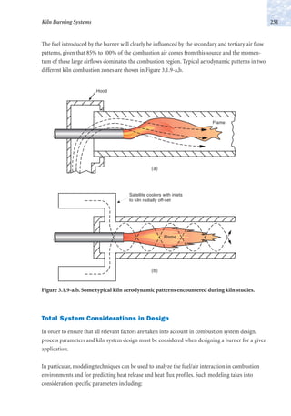 The fuel introduced by the burner will clearly be influenced by the secondary and tertiary air flow
patterns, given that 85% to 100% of the combustion air comes from this source and the momen-
tum of these large airflows dominates the combustion region. Typical aerodynamic patterns in two
different kiln combustion zones are shown in Figure 3.1.9-a,b.
251Kiln Burning Systems
Hood
Flame
Satellite coolers with inlets
to kiln radially off-set
Flame
Figure 3.1.9-a,b. Some typical kiln aerodynamic patterns encountered during kiln studies.
Total System Considerations in Design
In order to ensure that all relevant factors are taken into account in combustion system design,
process parameters and kiln system design must be considered when designing a burner for a given
application.
In particular, modeling techniques can be used to analyze the fuel/air interaction in combustion
environments and for predicting heat release and heat flux profiles. Such modeling takes into
consideration specific parameters including:
(a)
(b)
 