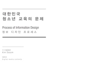 대한민국
청소년 교육의 문제
Process of Information Design
정 보

디 자 인

1116991
Kim Dasom
SMVD
Digital media contents

프 로 세 스

 