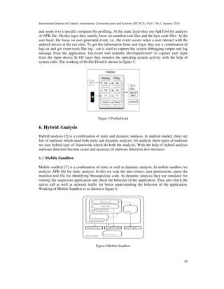 International Journal of Control, Automation, Communication and Systems (IJCACS), Vol.1, No.1, January 2016
and sends it to a specific computer for profiling.
of APK file. On this layer they mainly focus on
user layer, the focus on user generated event, i.e., the event
android device at the run time. To get the information from user layer they use
log-cat and get event tools.The log
message from the application. Get
from the input device.At OS layer they monitor the
system calls. The working of Profile Droid is shown in figure 5.
6. Hybrid Analysis
Hybrid analysis [5] is a combination
lots of malware which need both static and dynamic analysis, for analysis these
we user hybrid type of framework which do both the analysis. With the help of hybrid analysis
malware detection become easier
6.1 Mobile Sandbox
Mobile sandbox [7] is a combination
analysis APK file for static analysis. In this we scan the
manifest.xml file for identifying
running the suspicious application and check the
native call as well as network traffic for better understanding the
Working of Mobile Sandbox is as shown is figure 6.
International Journal of Control, Automation, Communication and Systems (IJCACS), Vol.1, No.1, January 2016
computer for profiling. At the static layer they use ApkTool for analysis
they mainly focus on manifest.xml files and the byte code files.
user layer, the focus on user generated event, i.e., the event occurs when a user interact with the
android device at the run time. To get the information from user layer they use a combination
The log - cat is used to capture the system debugging output and
application. Get-event tool readsthe /dev/input/event* to capture user input
At OS layer they monitor the operating system activity with the help of
Profile Droid is shown in figure 5.
Figure 5 ProfileDroid
a combination of static and dynamic analysis, In android market, there
lots of malware which need both static and dynamic analysis, for analysis these types
ork which do both the analysis. With the help of hybrid analysis
easier and accuracy of malware detection also increases
a combination of static as well as dynamic analysis. In mobile sandbox we
file for static analysis. In this we scan the anti-viruses, user permissions, parse the
identifying thesuspicious code. In dynamic analysis they use emulator for
running the suspicious application and check the behavior of the application. They also check the
native call as well as network traffic for better understanding the behavior of the application.
Working of Mobile Sandbox is as shown is figure 6.
Figure 6Mobile Sandbox
International Journal of Control, Automation, Communication and Systems (IJCACS), Vol.1, No.1, January 2016
40
ool for analysis
and the byte code files. At the
when a user interact with the
ombination of
output and log
the /dev/input/event* to capture user input
operating system activity with the help of
market, there are
types of malware
ork which do both the analysis. With the help of hybrid analysis
In mobile sandbox we
permissions, parse the
c analysis they use emulator for
also check the
of the application.
 