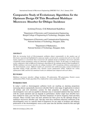 International Journal of Microwave Engineering (JMICRO) Vol.1, No.1, January 2016
DOI:10.5121/Jmicro.2016.1104 25
Comparative Study of Evolutionary Algorithms for the
Optimum Design Of Thin Broadband Multilayer
Microwave Absorber for Oblique Incidence
JyotirmayTewary, G.K.Mahantiand KajlaBasu
1
Department of Electronics and Communication Engineering,
Bengal College of Engineering & Technology, Durgapur, India
2
Department of Electronics and Communication Engineering,
National Institute of Technology, Durgapur, India
3
Department of Mathematics,
National Institute of Technology, Durgapur, India
ABSTRACT
With the increasing levels of Electromagnetic pollution almost exponentially in this modern age of
Electronics reported and highlighted by numerous studies carried out by scientists from all over the world,
inspire engineers to concentrate their research for the optimum design of multilayer microwave absorber
considering various parameters which are inherently conflicting in nature. In this paper we mainly focus
on the comparative study of different Evolutionary algorithms for the optimum design of thin broadband (2-
20GHz) multilayer microwave absorber for oblique incidence (300
) considering arbitrary polarization of
the electromagnetic waves. Different models are presented and synthesized using various Evolutionary
algorithm namely Firefly algorithm (FA), Particle swarm optimization (PSO), Artificial bee colony
optimization (ABC) and the best simulated results are tabulated and compared with each others.
KEYWORDS
Multilayer microwave absorber, oblique incidence, TE polarization, TM polarization, Particle swarm
optimization (PSO), Firefly algorithm (FA), Artificial bee colony optimization (ABC).
INTRODUCTION
In today’s world as electromagnetic pollution levels are reaching an alarming proportions
increasing almost exponentially microwave absorber find its wide range of applications in almost
all military and civil electronics systems for their properties to attenuate energy in an
electromagnetic wave and can capable to eliminate stray or unwanted radiation that may interfere
with the system operation and can degrade its performance .Earlier single layer absorber have
been studied for many years but they find their limitations of narrow frequency band and thick
structure. Hence recently more and more attention has been given for the optimum design of
multilayer microwave absorber such that they must have minimum reflection coefficient of the
electromagnetic wave in a specific band of frequencies for any angle of incidence and arbitrary
polarization of the electromagnetic waves at the same time the absorber should be thin and light
 