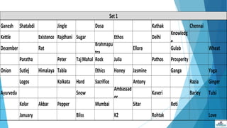 Ganesh Shatabdi Jingle Dosa Kathak Chennai
Kettle Existence Rajdhani Sugar Ethos Delhi
Knowledg
e
December Rat
Brahmapu
tra
Ellora Gulab Wheat
Paratha Peter TajMahal Rock Julia Pathos Prosperity
Onion Sutlej Himalaya Tabla Ethics Honey Jasmine Ganga Yoga
Logos Kolkata Hard Sacrifice Antony Razia Ginger
Ayurveda Snow
Ambassad
or
Kaveri Barley Tulsi
Kolar Akbar Pepper Mumbai Sitar Roti
January Bliss K2 Rohtak Love
Set1
 