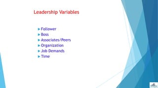Leadership Variables
 Follower
 Boss
 Associates/Peers
 Organization
 Job Demands
 Time
 