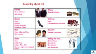 Grooming check list
DRESS
Clean & Ironed
Well fitting
Shoes
Clean & Polished
Socks
Clean
Not torn
Elastic not loose
Navy Blue / Black
Makeup
Light
Complementing your face
Hair
Clean & Dandruff free
Well combed
Jewelry
Delicate & minimum
Nails
Clean
Cut & Filed
Polish - Men - NO
Women - Light & not chipped
polish
Today did you…
Bathe /shower
Brush teeth
Shave (men)
Use deodorant
 