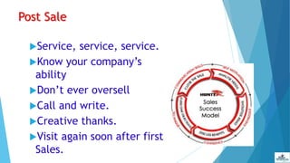 Post Sale
Service, service, service.
Know your company’s
ability
Don’t ever oversell
Call and write.
Creative thanks.
Visit again soon after first
Sales.
 