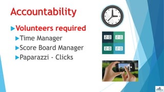 Accountability
Volunteers required
Time Manager
Score Board Manager
Paparazzi - Clicks
 
