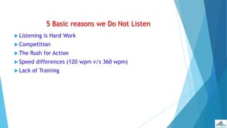 5 Basic reasons we Do Not Listen
 Listening is Hard Work
 Competition
 The Rush for Action
 Speed differences (120 wpm v/s 360 wpm)
 Lack of Training
 