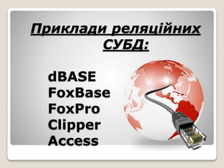 Приклади реляційних
СУБД:
dBASE
FoxBase
FoxPro
Clipper
Access
 