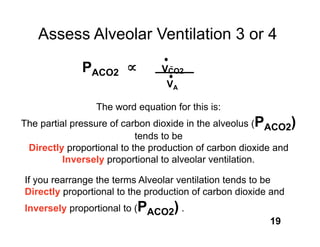 Assess Alveolar Ventilation 3 or 4

             PACO2              VCO2
                                 VA

                The word equation for this is:
The partial pressure of carbon dioxide in the alveolus (PACO2)
                           tends to be
 Directly proportional to the production of carbon dioxide and
          Inversely proportional to alveolar ventilation.

If you rearrange the terms Alveolar ventilation tends to be
Directly proportional to the production of carbon dioxide and
Inversely proportional to (PACO2) .
                                                         19
 