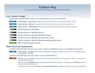 Citation Key
                          for more information see: http://open.umich.edu/wiki/CitationPolicy



Use + Share + Adapt
  { Content the copyright holder, author, or law permits you to use, share and adapt. }
               Public Domain – Government: Works that are produced by the U.S. Government. (USC 17 § 105)
               Public Domain – Expired: Works that are no longer protected due to an expired copyright term.
               Public Domain – Self Dedicated: Works that a copyright holder has dedicated to the public domain.

               Creative Commons – Zero Waiver

               Creative Commons – Attribution License
               Creative Commons – Attribution Share Alike License
               Creative Commons – Attribution Noncommercial License
               Creative Commons – Attribution Noncommercial Share Alike License
               GNU – Free Documentation License

Make Your Own Assessment
  { Content Open.Michigan believes can be used, shared, and adapted because it is ineligible for copyright. }
               Public Domain – Ineligible: Works that are ineligible for copyright protection in the U.S. (USC 17 § 102(b)) *laws in
               your jurisdiction may differ
   { Content Open.Michigan has used under a Fair Use determination. }
               Fair Use: Use of works that is determined to be Fair consistent with the U.S. Copyright Act. (USC 17 § 107) *laws in
               your jurisdiction may differ
               Our determination DOES NOT mean that all uses of this 3rd-party content are Fair Uses and we DO NOT guarantee
               that your use of the content is Fair.
               To use this content you should do your own independent analysis to determine whether or not your use will be Fair.
 