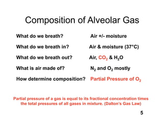Composition of Alveolar Gas
 What do we breath?                      Air +/- moisture

 What do we breath in?                  Air & moisture (37°C)

 What do we breath out?                 Air, CO2 & H2O

 What is air made of?                    N2 and O2 mostly

 How determine composition? Partial Pressure of O2


Partial pressure of a gas is equal to its fractional concentration times
    the total pressures of all gases in mixture. (Dalton’s Gas Law)

                                                                   5
 