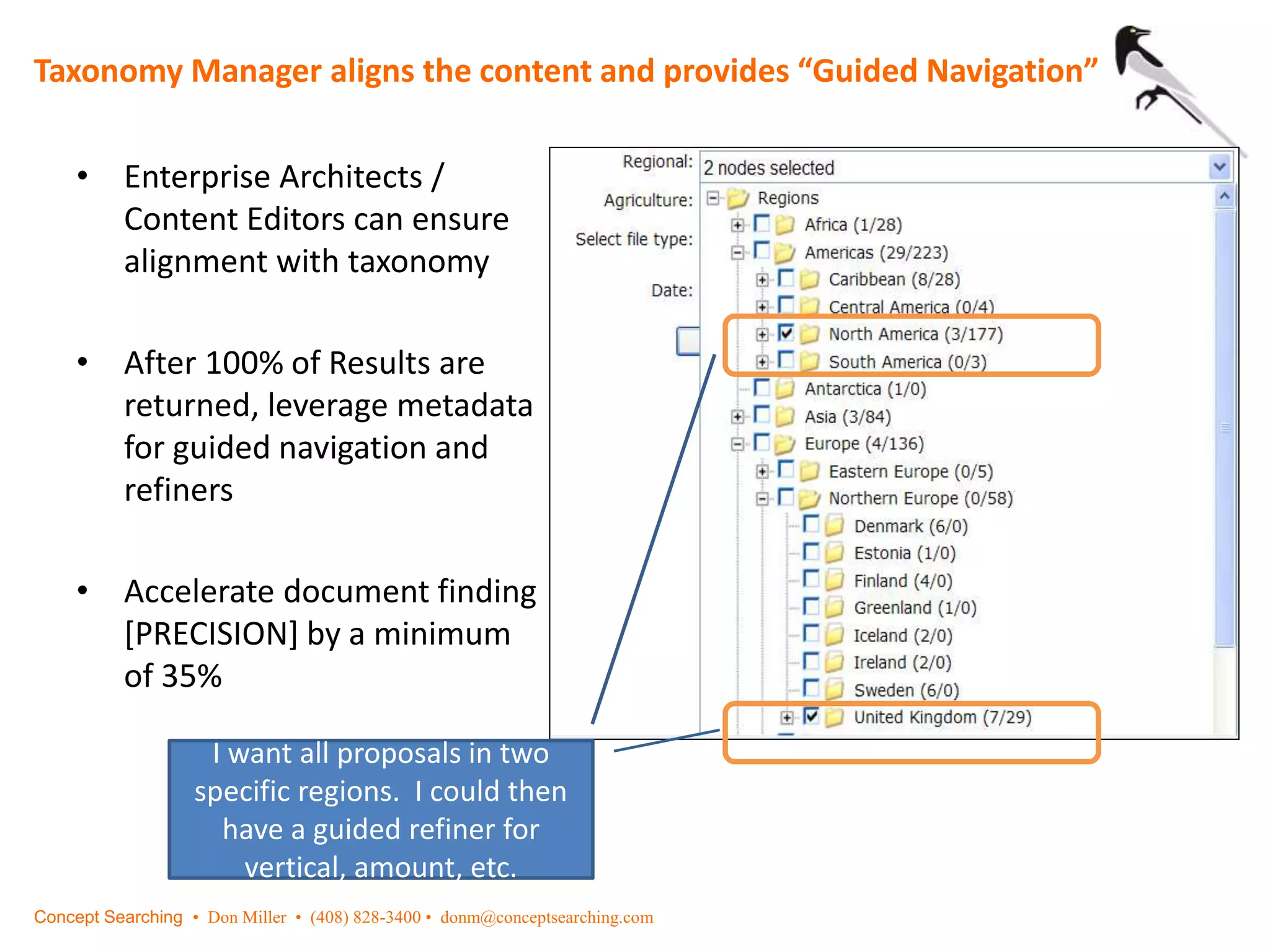 Taxonomy Manager aligns the content and provides “Guided Navigation”
Concept Searching • Don Miller • (408) 828-3400 • donm@conceptsearching.com
• Enterprise Architects /
Content Editors can ensure
alignment with taxonomy
• After 100% of Results are
returned, leverage metadata
for guided navigation and
refiners
• Accelerate document finding
[PRECISION] by a minimum
of 35%
I want all proposals in two
specific regions. I could then
have a guided refiner for
vertical, amount, etc.
 