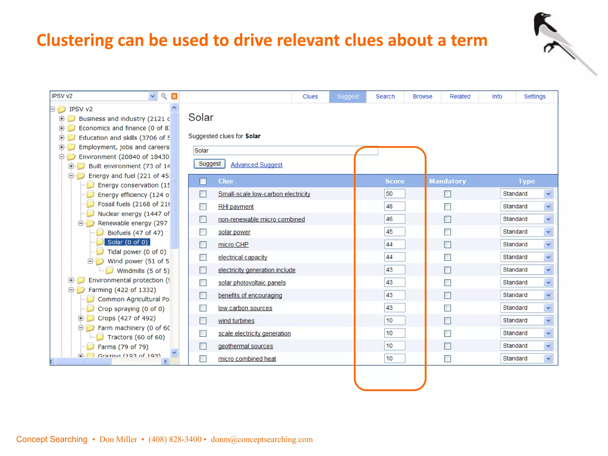 Clustering can be used to drive relevant clues about a term
Concept Searching • Don Miller • (408) 828-3400 • donm@conceptsearching.com
 