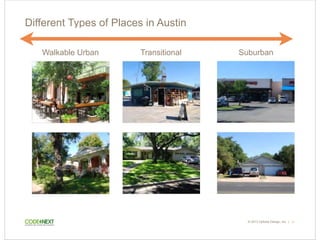 © 2015 Opticos Design, Inc. |
© 2013 Opticos Design, Inc. | 11
Different Types of Places in Austin
SuburbanTransitionalWalkable Urban
 