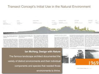 © 2015 Opticos Design, Inc. |
Transect Concept’s Initial Use in the Natural Environment
19
1969
Ian McHarg, Design with Nature 
The famous landscape architect documented the
variety of distinct environments and their individual
components and species that needed those
environments to thrive.
 