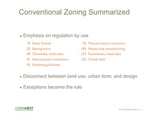 © 2015 Opticos Design, Inc.
Conventional Zoning Summarized
95. Physical culture institution
109. Potato chip manufacturing
127. Tombstones, retail sales
135. Turkish bath
19. Baths,Turkish
25. Boxing arena
28. Chinchillas, retail sales
41. Eleemosynary institutions
42. Embalming business
• Emphasis on regulation by use
• Disconnect between land use, urban form, and design
• Exceptions become the rule
3
 
