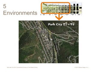 Salt Lake City 2014 Conventional Zoning vs Form-Based Zoning © 2015 Opticos Design, Inc. |
5
Environments
Park City T1 – T5
 