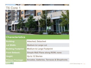 © 2015 Opticos Design, Inc. |
T6 Core 1
51
Characteristics
Building: Attached, Detached
Lot Width: Medium to Large Lot
Building Footprint: Medium to Large Footprint
Front Setback: Simple Wall Plane along ROW, none
Height: Up to 12 Stories
Primary Frontage: Arcades, Galleries, Terraces & Shopfronts
 