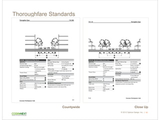 © 2015 Opticos Design, Inc. |© 2012 Opticos Design, Inc. |
Close UpCountywide
7.01.110 Thoroughfare Types
7-12 Livermore Development Code
Neighborhood Street II
Edges
Drainage Collection Type Curb and gutter
Planter Type 17' continuous
Landscape Type Medium trees @ 35'
on center average
Lighting Type Low, pedestrian
oriented lighting
Walkway Type 5' sidewalk
Intersection
Curb Radius 15' max. (bulb-outs
recommended)
Distance Between Intersections 600' max.
Miscellaneous Requirements
Transformations to existing streets shall match the
designations set forth in the General Plan.
E
F
7.01.110 Retrofit: 18' Wide Planter Strip
Application
Movement Type Slow
Anticipated Design Speed 20 mph
Pedestrian Crossing Bulb-outs encouraged
to decrease pedestrian
crossing time.
Transect Zones T4 N-O
T4 N
T3 N
Overall Widths
Right-of-Way (ROW) 80'
Face-of-Curb to Face-of-Curb 36'
Lanes
Traffic Lanes 2 @ 10' (2-way
travel)
Bicycle Lanes None
Parking Lanes 2 @ 8' parallel
Medians None
A
B
C
D
B
A
FC
B
A
CD DEF E
7.01.060Thoroughfare Types
7-7
Livermore Development Code
7.01.060 Neighborhood Main Street
Application
Movement Type Slow
Anticipated Design Speed 20 mph
Pedestrian Crossing Bulb-outs encouraged
to decrease pedestrian
crossing time.
Transect Zones T4MS
T4MS-O
Overall Widths
Right-of-Way (ROW) 60'
Face-of-Curb to Face-of-Curb 36'
Lanes
Traffic Lanes 2 @ 10' (2-way travel)
Bicycle Lanes None
Parking Lanes 2 @ 8' parallel
Medians None
A
B
C
D
Edges
Drainage Collection Type Curb and gutter
Planter Type 4' x 4' tree grate, min.
Lighting Type Low, pedestrian oriented
lighting
Walkway Type 12' sidewalk,
1
Where gallery frontage is used, street trees are not
required or allowed.
Intersection
Curb Radius 15' max. (bulb-outs
recommended)
Distance Between
Intersections
400' max.
Miscellaneous Requirements
Transformations to existing streets shall match the
designations set forth in the General Plan.
E
F
N eighborhood Street I
B
A
C
B
A
CD D
F
EE
F
Thoroughfare Standards
60
 