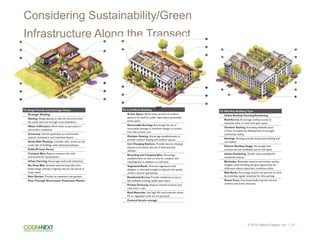 © 2014 Opticos Design, Inc. |
Considering Sustainability/Green
Infrastructure Along the Transect
65
T3: Single Family and Carriage House
Strategic Shading.
Glazing. Design glazing to heat the structure from
the south, and cool through cross-ventilation.
Water Infiltration. Allow water to percolate in
sub-surface conditions.
Greenway. Use the greenway as a stormwater
capture, conveyance and treatment feature.
South-Side Planting. Consider solar access on the
south side of buildings when planting landscape.
Public/Private Portal.
Compost Bins. Require compost bins with
instructions for homeowners.
Urban Farming. Encourage small-scall cultivation.
No Hose Bibs. Exclude external hose bibs from
home design, thereby irrigating only by rain barrel or
reuse water.
Rain Garden. Provide lot treatment rain gardens.
Flow-Through StormwaterTreatment Planter.
ABCDEFGHIJK
B
C
A
D
E J
H
K
G
I
F
B
D
E
A
C
G
J
H
K
F
I
T4: Live/Work Building
Active Space. Allow some portion of outdoor
space to be used for public open-space, potentially
active space.
Retractable Awnings. Encourage the use of
retractable awnings in storefront design, to protect
from the summer sun.
Outdoor Seating. Encourage establishments to
provide outdoor seating and outdoor spaces.
Car Charging Stations. Provide electric charging
stations to promote the use of alternate-fuel
vehicles..
Recycling and Compost Bins. Encourage
establishments to have an area for compost and
recycling bins, in addition to trash bins..
Vegetated Roofs. Promote vegetated roofs,
skylights or directed sunlight to improve the quality
of life in interior apartments.
Residential Access. Provide residential access to
flat rooftops, creating usable open space.
Private Driveway. Require minimal curbcuts and
curb return radii.
Roof Materials. Use high SRI roof materials where
PV or vegetated roofs are not practical.
Covered bicycle storage.
ABCDEFGHIJ
T5: Mid-Rise Building Type
Urban Rooftop Farming/Gardening.
Roof Access. Encourage rooftop access to
maximize value of views and open space.
Outdoor Seating. Activating sidewalk space
in front of mixed-use development encourages
community vitality..
Awnings. Awnings provide street-level shading and
rain shelter.
Diverse Rooftop Usage. Encourage both
commercial and residential use of roof space.
Urban Gardening. Garden space available for
residential tenants..
Bioswales. Bioswales improve stormwater quality,
mitigate urban flooding, and give opportunity for
infiltration where subsurface conditions allow..
Bike Racks. Encourage tenants and patrons to cycle
by providing regular amenities for bike parking.
StreetTrees. Tree boxes/wells improve thermal
comfort and street character..
ABCDEFGHI
C
D
B
A E
H
G
I
F
 