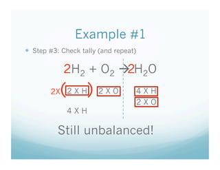 Example #1
  Step #3: Check tally (and repeat)

            2H2 + O2  H2O
                      2
           (
        2X 2 X H    )   2XO            4XH
                                       2XO
               4XH

          Still unbalanced!
 
