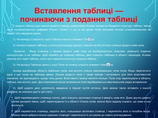 Вставлення таблиці —
починаючи з подання таблиці
У поданні таблиці дані можна вводити відразу, дозволивши Access непомітно будувати структуру таблиці. Імена
полів позначатимуться цифрами (Поле1, Поле2 і т. д.), а тип даних полів програма Access установлюватиме на
основі типу введених даних.
1). На вкладці Створити у групі Таблиці клацніть елемент Таблиця

.

2). Access створює таблицю, а потім розташовує курсор у першій пустій клітинці стовпця Додати нове поле.
Примітка
Якщо стовпець з іменем Додати нове поле не відображається, можливо, увімкнуто подання
конструктора, а не таблиці. Щоб перейти до подання таблиці, двічі клацніть таблицю в області переходів. Access
запитає ім’я нової таблиці, після чого переключиться до подання таблиці.
3). На вкладці Таблиця даних у групі Поля та стовпці клацніть елемент Нове поле

.

Access відображає область Шаблони полів, яка містить список найуживаніших типів полів. Якщо перетягнути
одне з цих полів на таблицю даних, Access додасть поле з таким іменем і встановить для його властивостей
значення, які відповідають цьому типу даних. Властивості можна змінити пізніше. Поле слід перетягувати в область
таблиці, яка містить дані. Для позначення місця вставлення поля відображається вертикальний рядок вставлення.
4). Щоб додати дані, розпочніть введення в першій пустій клітинці. Дані можна також вставити з іншого
джерела, як описано далі в цій статті.

•

Щоб перейменувати стовпець (поле), двічі клацніть заголовок стовпця й введіть нове ім’я. Дуже зручно давати
полям зрозумілі імена, щоб, переглядаючи їх в області Список полів, можна було відразу сказати, що саме в них
міститься.

•

Щоб перемістити стовпець, виділіть його, клацнувши заголовок стовпця, і перетягніть його в потрібне місце.
Можна також вибрати кілька суміжних стовпців і перетягнути їх усі разом до нового розташування.

 