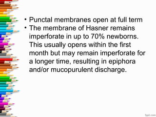 • Punctal membranes open at full term
• The membrane of Hasner remains
imperforate in up to 70% newborns.
This usually opens within the first
month but may remain imperforate for
a longer time, resulting in epiphora
and/or mucopurulent discharge.
 