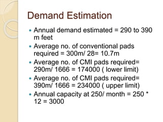 Demand Estimation
 Annual demand estimated = 290 to 390
m feet
 Average no. of conventional pads
required = 300m/ 28= 10.7m
 Average no. of CMI pads required=
290m/ 1666 = 174000 ( lower limit)
 Average no. of CMI pads required=
390m/ 1666 = 234000 ( upper limit)
 Annual capacity at 250/ month = 250 *
12 = 3000
 