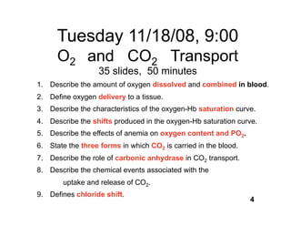 Tuesday 11/18/08, 9:00  
        O2 and CO2 Transport 
            35 slides, 50 minutes
1.  Describe the amount of oxygen dissolved and combined in blood.
2.  Deﬁne oxygen delivery to a tissue.
3.  Describe the characteristics of the oxygen-Hb saturation curve.
4.  Describe the shifts produced in the oxygen-Hb saturation curve.
5.  Describe the effects of anemia on oxygen content and PO2.
6.  State the three forms in which CO2 is carried in the blood.
7.  Describe the role of carbonic anhydrase in CO2 transport.
8.  Describe the chemical events associated with the 
    
   uptake and release of CO2.
9.  Deﬁnes chloride shift.
                                                                   4
 