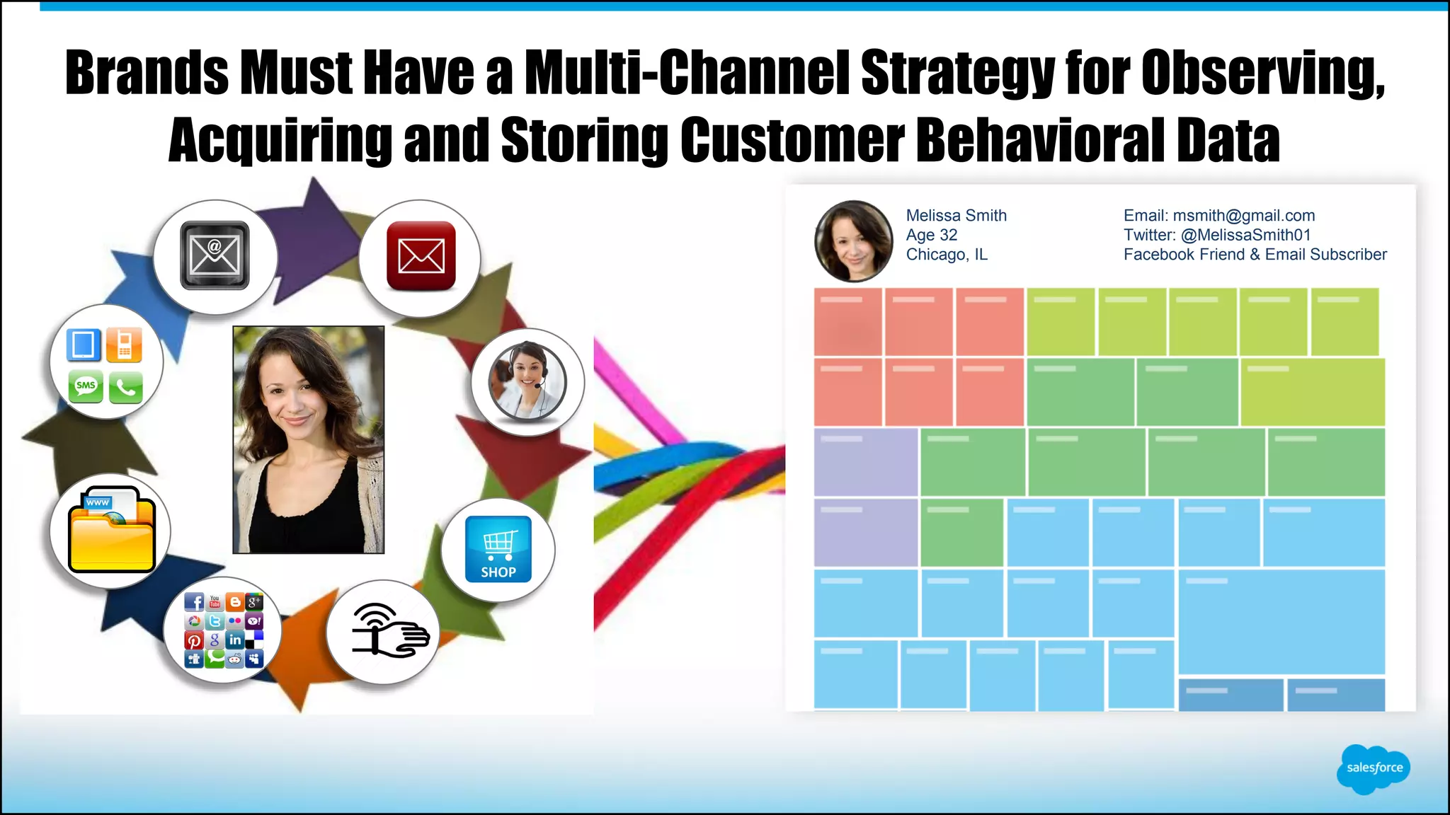 Brands Must Have a Multi-Channel Strategy for Observing,
Acquiring and Storing Customer Behavioral Data
Melissa Smith Email: msmith@gmail.com
Age 32 Twitter: @MelissaSmith01
Chicago, IL Facebook Friend & Email Subscriber
 