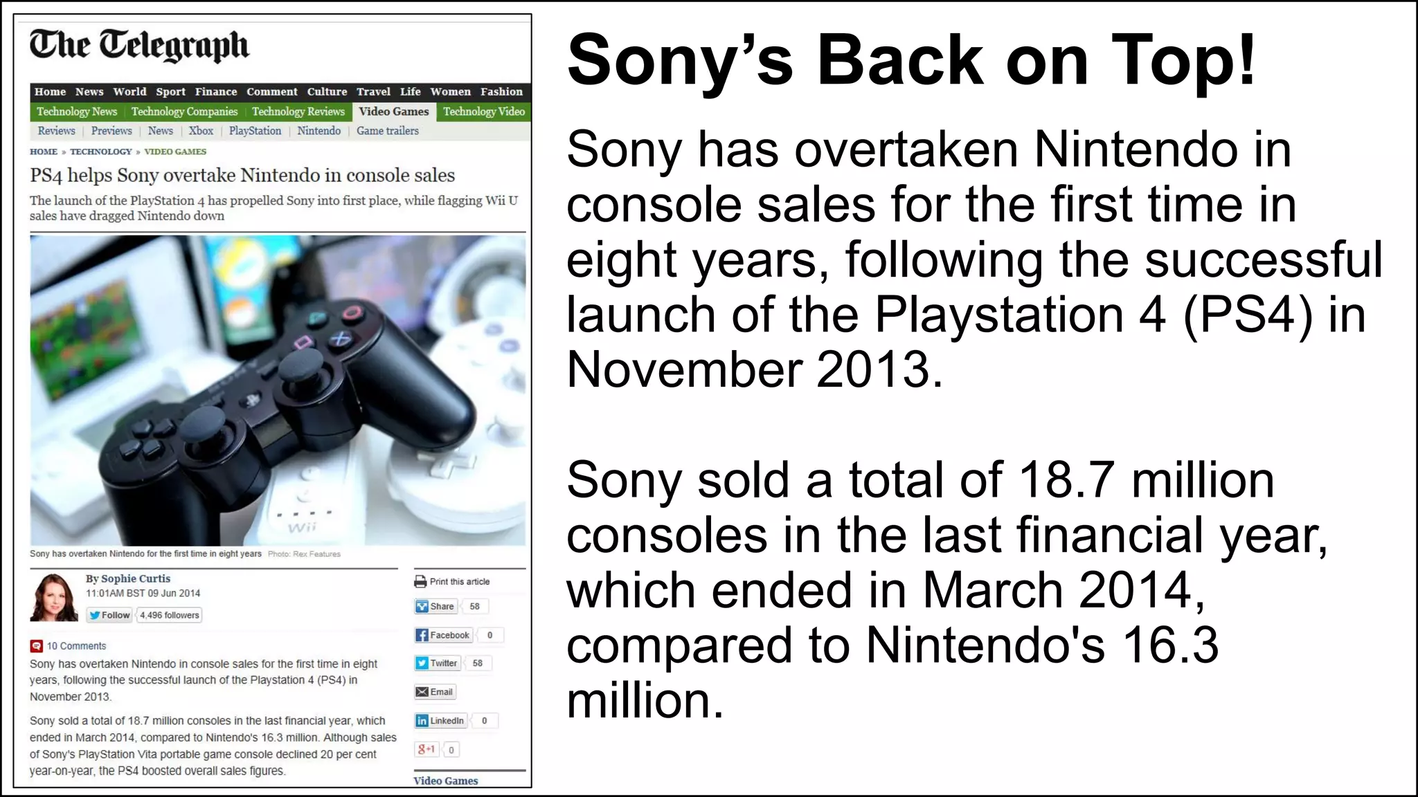 Sony’s Back on Top!
Sony has overtaken Nintendo in
console sales for the first time in
eight years, following the successful
launch of the Playstation 4 (PS4) in
November 2013.
Sony sold a total of 18.7 million
consoles in the last financial year,
which ended in March 2014,
compared to Nintendo's 16.3
million.
 