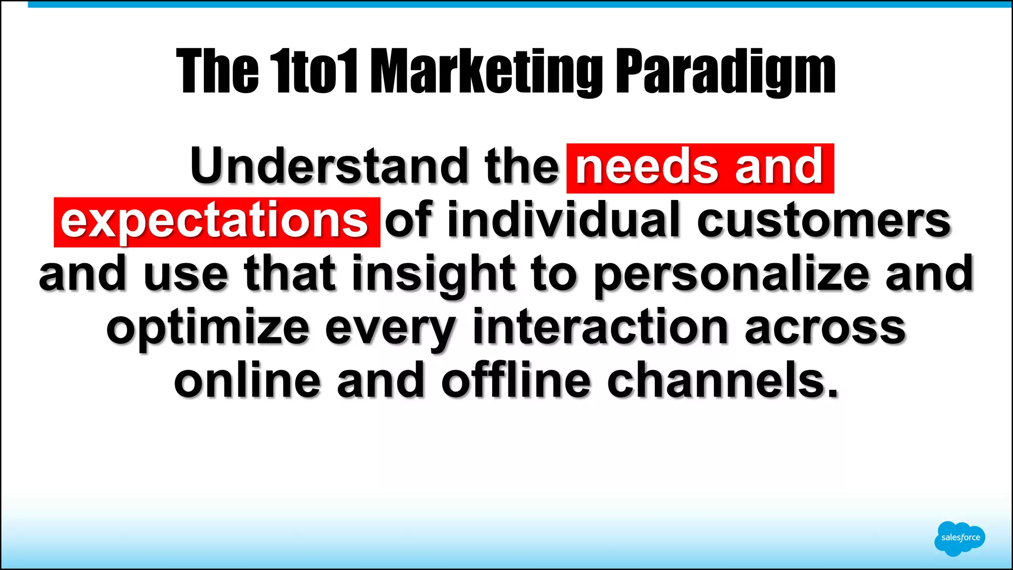 The 1to1 Marketing Paradigm
Understand the needs and
expectations of individual customers
and use that insight to personalize and
optimize every interaction across
online and offline channels.
 