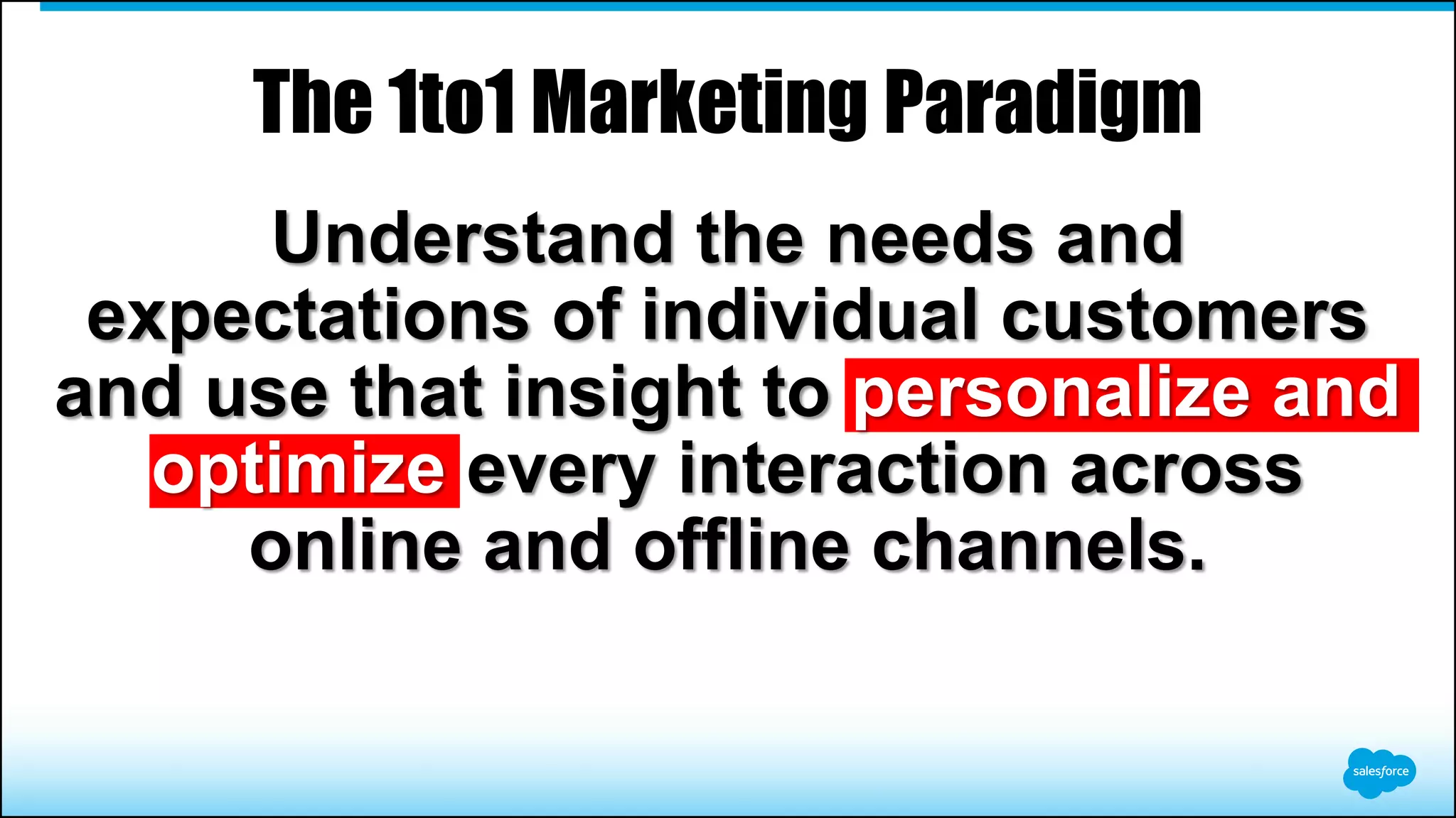 The 1to1 Marketing Paradigm
Understand the needs and
expectations of individual customers
and use that insight to personalize and
optimize every interaction across
online and offline channels.
 