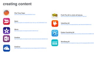 Fifty Three Paper
https://itunes.apple.com/us/app/id506003812?mt=8
Skitch
https://itunes.apple.com/us/app/skitch-snap.-mark-up.-send./id490505997?mt=8
iMovie
https://itunes.apple.com/us/app/imovie/id377298193?mt=8
OneNote
https://itunes.apple.com/us/app/microsoft-onenote-lists-photos/id410395246?mt=8
OneDrive
https://itunes.apple.com/us/app/onedrive-cloud-storage-for/id477537958?mt=8
PostIt Plus $2 to unlock all features.
https://itunes.apple.com/us/app/post-it-plus/id920127738?mt=8
VideoShop $2
https://itunes.apple.com/us/app/videoshop-video-editor/id615563599?mt=8
Explain Everything $4
https://itunes.apple.com/us/app/explain-everything-interactive/id431493086?mt=8
WordSwag $4
https://itunes.apple.com/us/app/word-swag-cool-fonts-typography/id645746786?m
creating content
 