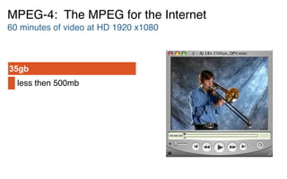 less then 500mb
35gb
MPEG-4: The MPEG for the Internet
60 minutes of video at HD 1920 x1080
 