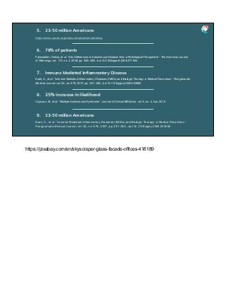 https://www.aarda.org/news-information/statistics/
5. 23-50 million Americans
Fairweather, Delisa, et al. “Sex Differences in Autoimmune Disease from a Pathological Perspective.” The American Journal
of Pathology, vol. 173, no. 3, 2008, pp. 600–609., doi:10.2353/ajpath.2008.071008.
6. 78% of patients
Kuek, A., et al. “Immune-Mediated Inflammatory Diseases (IMIDs) and Biologic Therapy: a Medical Revolution.” Postgraduate
Medical Journal, vol. 83, no. 978, 2007, pp. 251–260., doi:10.1136/pgmj.2006.052688.
7. Immune Mediated Inﬂammatory Disease
Cojocaru, M, et al. “Multiple Autoimmune Syndrome.” Journal of Clinical MEdicine, vol. 5, no. 2, Apr. 2010.
8. 25% increase in likelihood
Kuek, A., et al. “Immune-Mediated Inflammatory Diseases (IMIDs) and Biologic Therapy: a Medical Revolution.”
Postgraduate Medical Journal, vol. 83, no. 978, 2007, pp. 251–260., doi:10.1136/pgmj.2006.052688.
9. 23-50 million Americans
https://pixabay.com/en/skyscraper-glass-facade-offices-418189
 