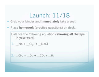 Launch: 11/18
  Grab your binder and immediately take a seat!
  Place homework (practice questions) on desk.

  Balance the following equations showing all 3-steps
     in your work!

  1.  __Na + __Cl2  __NaCl


  2.  __CH4 + __O2  __CO2 + __H2
 