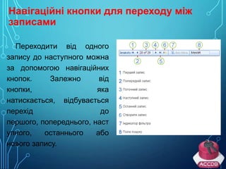 Навігаційні кнопки для переходу між
записами
Переходити від одного
запису до наступного можна
за допомогою навігаційних
кнопок.
Залежно
від
кнопки,
яка
натискається, відбувається
перехід
до
першого, попереднього, наст
упного,
останнього
або
нового запису.

 