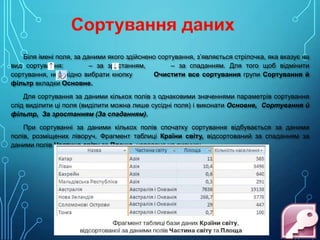 Біля імені поля, за даними якого здійснено сортування, з’являється стрілочка, яка вказує на
вид сортування:
– за зростанням,
– за спаданням. Для того щоб відмінити
сортування, необхідно вибрати кнопку
Очистити все сортування групи Сортування й
фільтр вкладки Основне.
Для сортування за даними кількох полів з однаковими значеннями параметрів сортування
слід виділити ці поля (виділити можна лише сусідні поля) і виконати Основне, Сортування й
фільтр, За зростанням (За спаданням).
При сортуванні за даними кількох полів спочатку сортування відбувається за даними
полів, розміщених ліворуч. Фрагмент таблиці Країни світу, відсортований за спаданням за
даними полів Частина світу та Площа, наведено на рисунку.

 