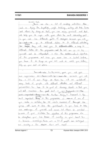1119/1 BAHASA INGGERIS 1 
Bahasa Inggeris 1 Kupasan 13 Mutu Jawapan SPM 2010 
 