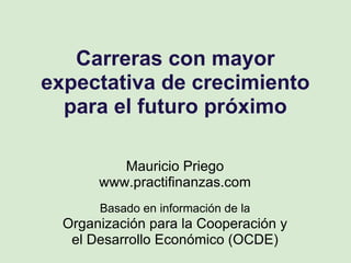 Carreras con mayor expectativa de crecimiento para el futuro próximo Mauricio Priego www.practifinanzas.com Basado en información de la  Organización para la Cooperación y el Desarrollo Económico (OCDE) 