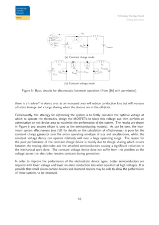Technology Strategy Board
Driving Innovation
M1
M2
Ron
Cvar
Vsupply
L
Cpara
S1
Rleak
(a) Constant charge mode
M2
Cvar
Vsupply
L1 L2
M1 M3
M4CintVopp
(b) Constant voltage mode
Figure 5: Basic circuits for electrostatic harvester operation (from [16] with permission).
there is a trade-oﬀ in device area as an increased area will reduce conduction loss but will increase
oﬀ-state leakage and charge sharing when the devices are in the oﬀ-state.
Consequently, the strategy for optimising the system is to ﬁrstly calculate the optimal voltage at
which to operate the electrodes, design the MOSFETs to block this voltage and then perform an
optimisation on the device area to maximise the performance of the system. The results are shown
in Figure 6 and assume silicon is used as the semiconducting material. As can be seen, the max-
imum system eﬀectiveness (see [19] for details on the calculation of eﬀectiveness) is poor for the
constant charge generator over the entire operating envelope of size and accelerations, whilst the
constant voltage device can operate relatively well over a large operating range. The reason for
the poor performance of the constant charge device is mainly due to charge sharing which occurs
between the moving electrodes and the attached semiconductors causing a signiﬁcant reduction in
the mechanical work done. The constant voltage device does not suﬀer from this problem as the
voltage across the electrodes remains constant during generation.
In order to improve the performance of the electrostatic device types, better semiconductors are
required with lower leakage and lower on-state conduction loss when operated at high voltages. It is
possible that small silicon carbide devices and diamond devices may be able to allow the performance
of these systems to be improved.
10
 