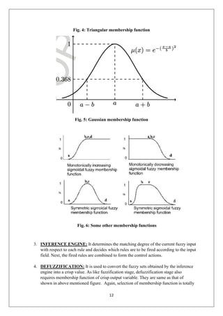 12
Fig. 4: Triangular membership function
Fig. 5: Gaussian membership function
Fig. 6: Some other membership functions
3. INFERENCE ENGINE: It determines the matching degree of the current fuzzy input
with respect to each rule and decides which rules are to be fired according to the input
field. Next, the fired rules are combined to form the control actions.
4. DEFUZZIFICATION: It is used to convert the fuzzy sets obtained by the inference
engine into a crisp value. As like fuzzification stage, defuzzification stage also
requires membership function of crisp output variable. They are same as that of
shown in above mentioned figure. Again, selection of membership function is totally
 