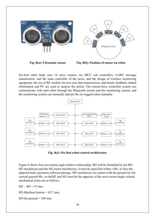16
Fig. 8(a): Ultrasonic sensor Fig. 8(b): Position of sensor on robot
Six-foot robot body uses 18 servo motors, six MCU sub controllers, UART message
transmission, and the main controller of the news, and the design of wireless monitoring
equipment, the use of RF module for two-way data transmission, and timely feedback related
information and PC are used to analyse the action. The master/slave controller system can
communicate with each other through the Bluetooth system and the monitoring system, and
the monitoring system can manually operate the six-legged robot manually.
Fig. 8(c): Six-foot robot control architecture
Figure 9 shows foot movement angle relative relationship; M2 will be disturbed by the M2-
M3 mechanism and the M2 motor mechanism; it must be specified within ±40∘, to face the
adjacent body operation collision damage. M3 mechanism set contact with the ground for the
vertical ground 90∘, so theM2 and M3 must be the opposite of the servo motor angle; related
mechanical joints are as follows:
M2 − M3 = 57 mm.
M2-Machine bottom = 42.7 mm.
M3-the ground = 108 mm.
 