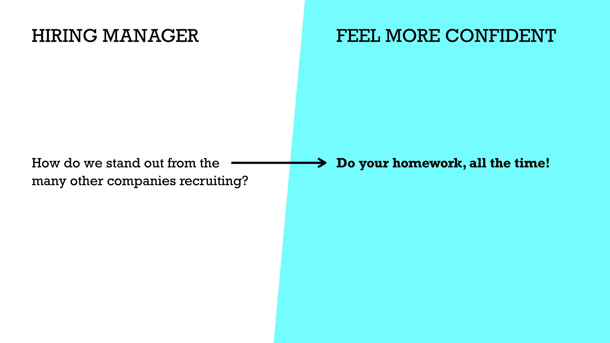 HIRING MANAGER FEEL MORE CONFIDENT
How do we stand out from the


many other companies recruiting?


Do your homework, all the time!


 